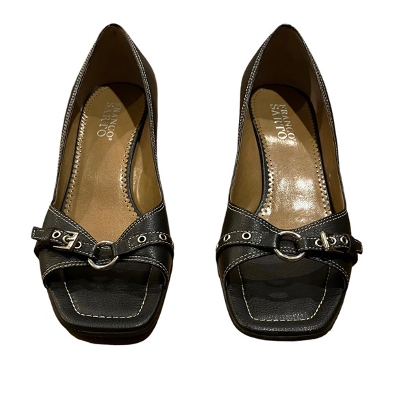 Franco Sarto Peep Toe Wedge Black Leather Heels - Picture 3 of 7